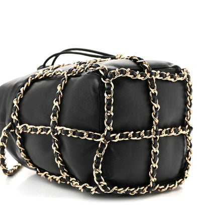 Lambskin Bucket Chain Drawstring Bag Black