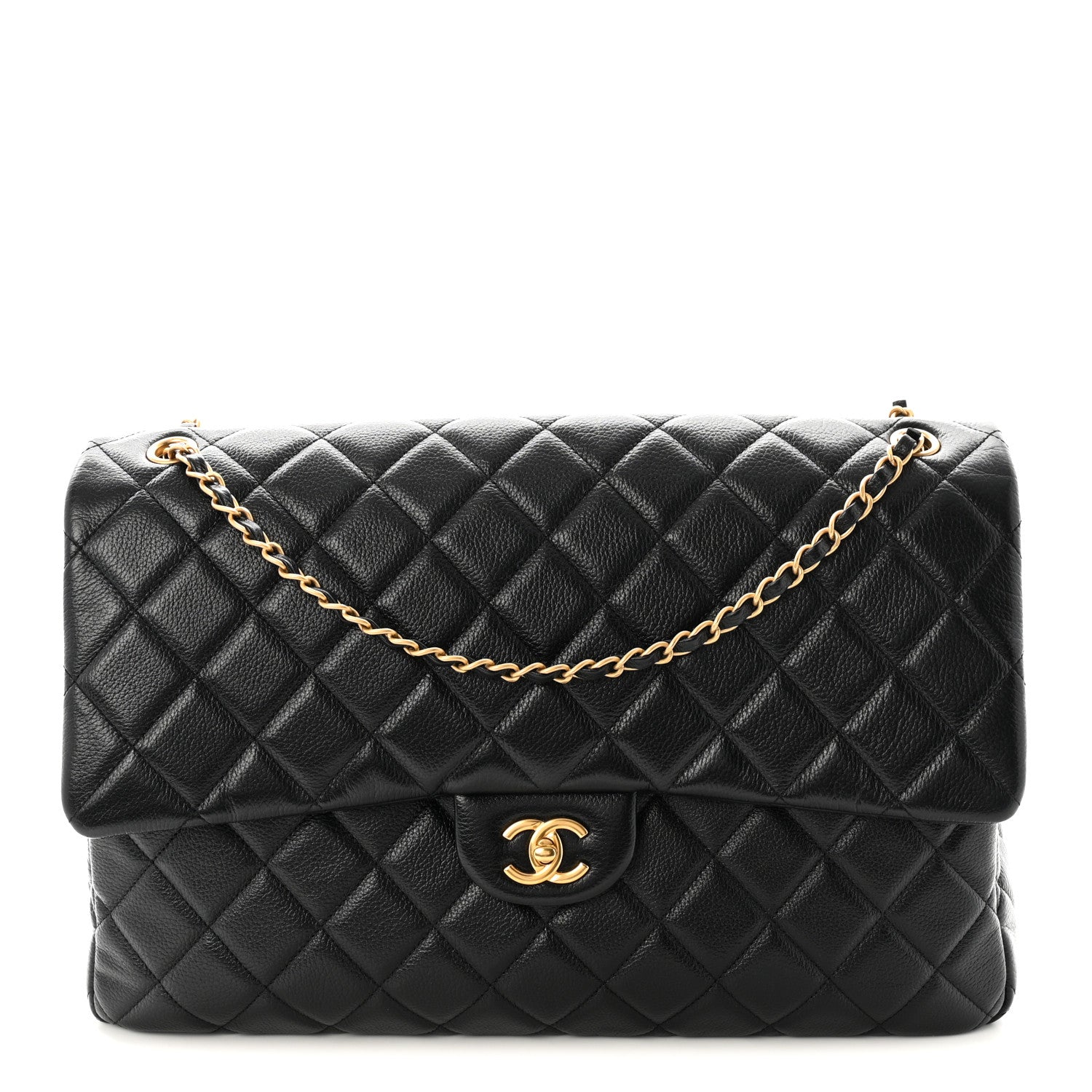 Calfskin Quilted XXL Travel Flap Bag Black