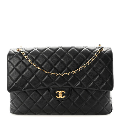 Calfskin Quilted XXL Travel Flap Bag Black