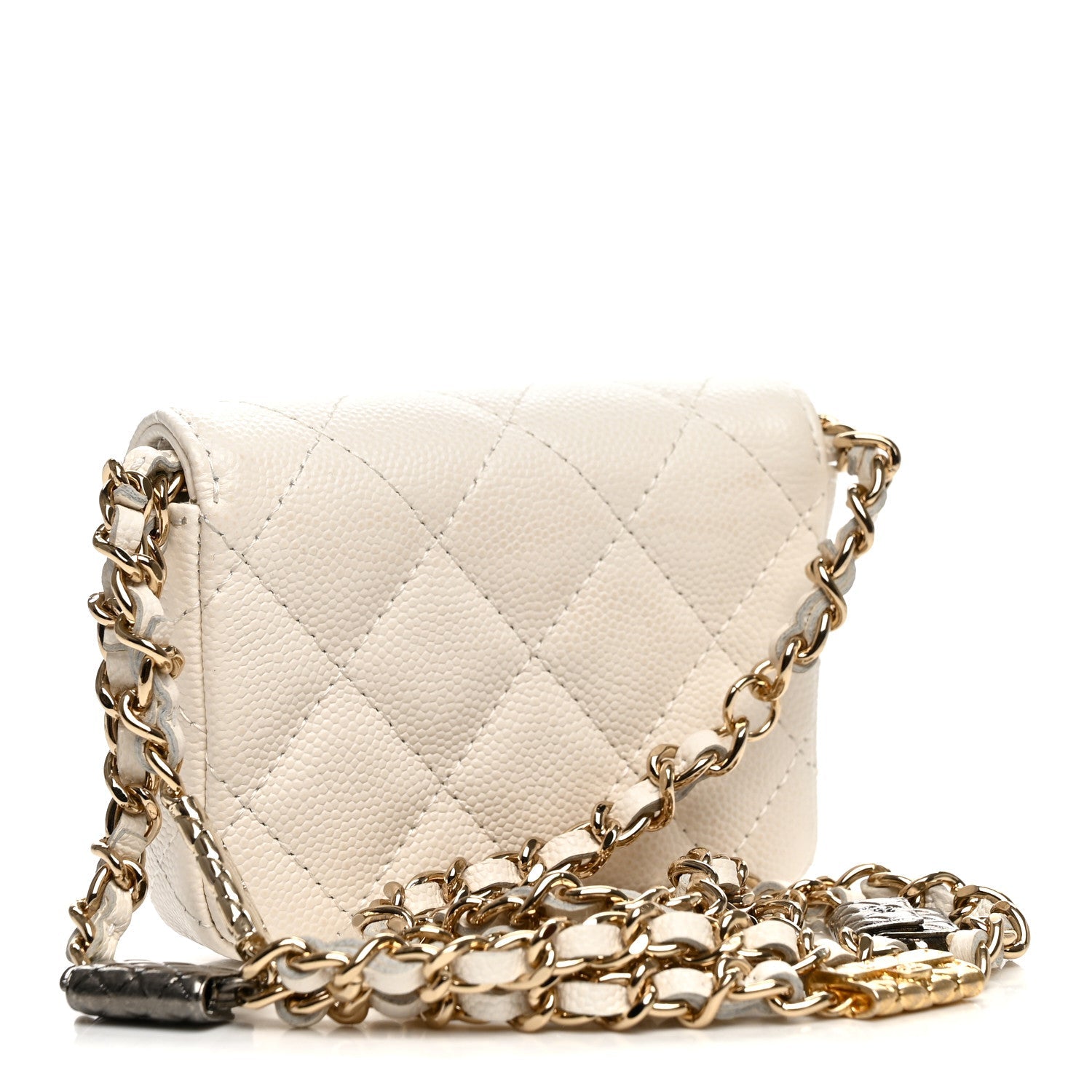 Caviar Quilted Belt Bag With Charms On Chain White