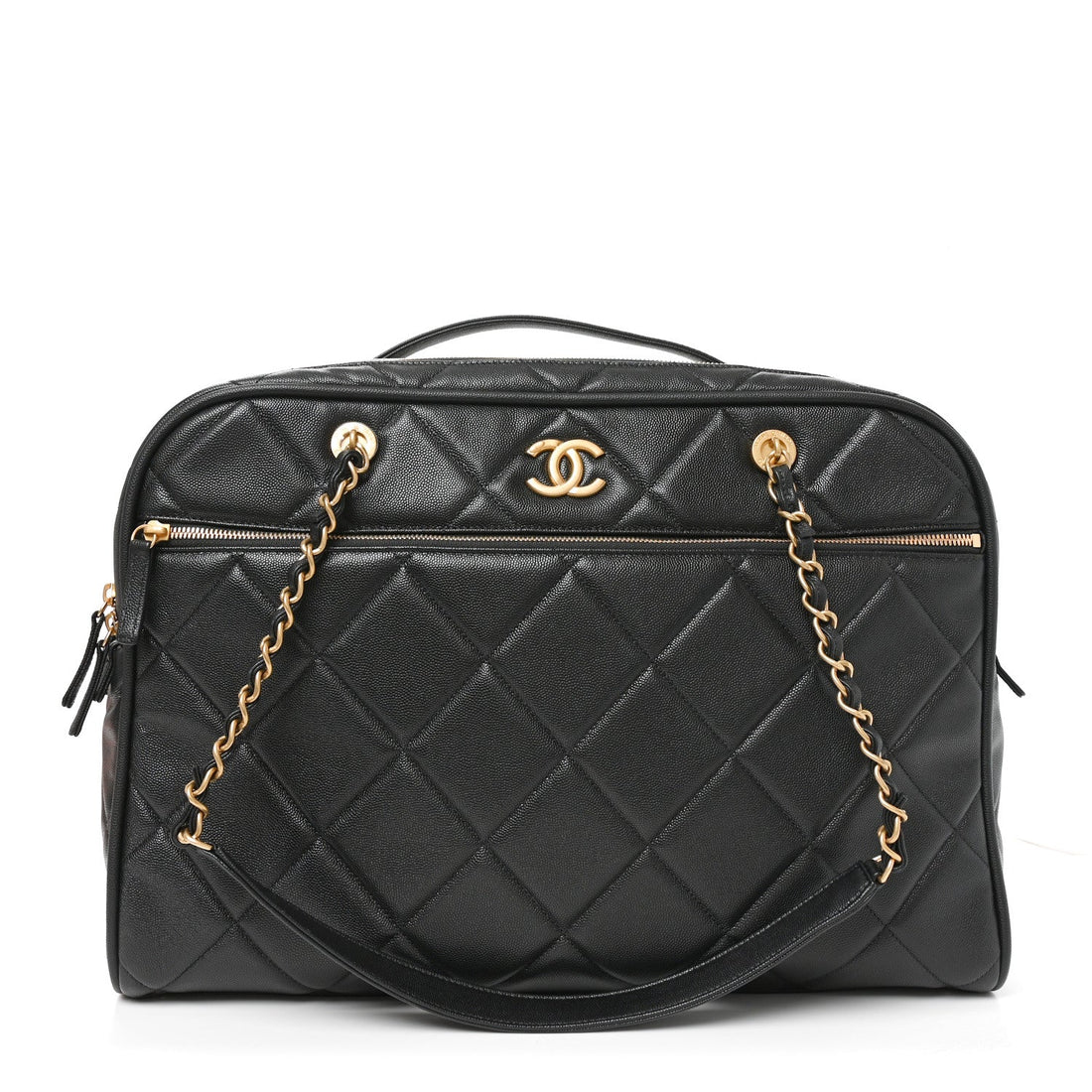 Shiny Grained Calfskin Quilted Travel Bowling Bag Black
