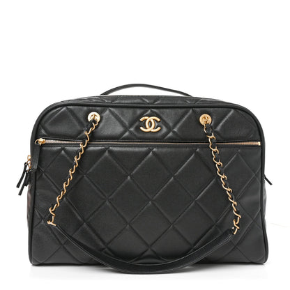 Shiny Grained Calfskin Quilted Travel Bowling Bag Black