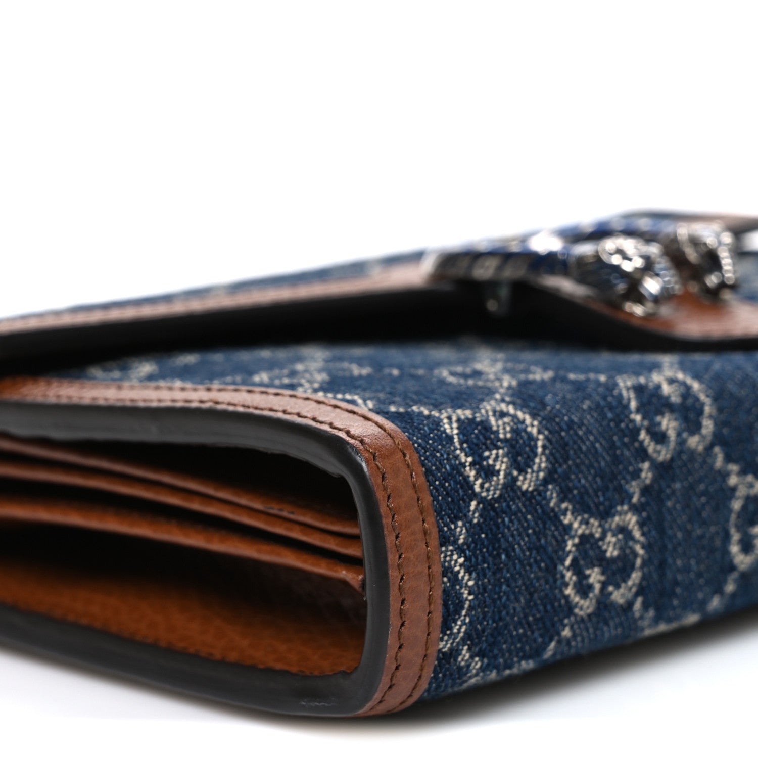New Denim GG Monogram Dollar Calfskin Enamel Mini Dionysus Chain Wallet Blue Tea Cuir Epilog Electric Blue