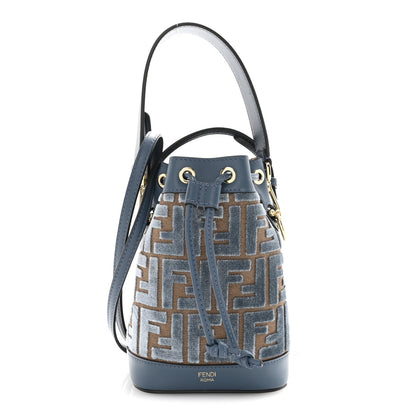 Vitello Grace Velluto FF Mini Mon Tresor Bucket Bag Dusty Blue Brown
