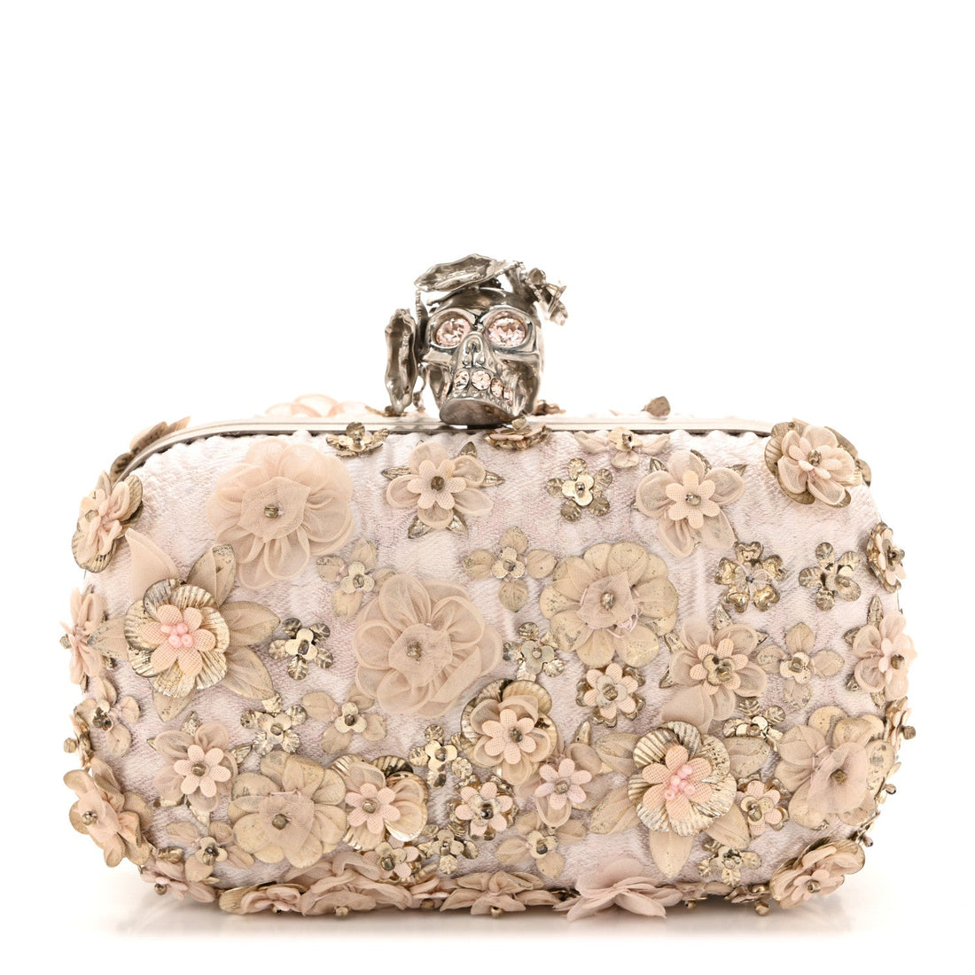 Flower Appliqued Silk Brocade Skull Box Clutch Light Pink
