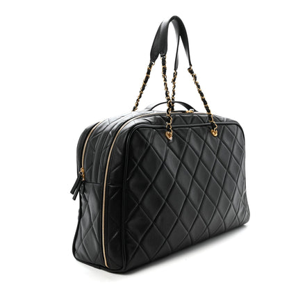 Shiny Grained Calfskin Quilted Large Travel Bowling Bag Black