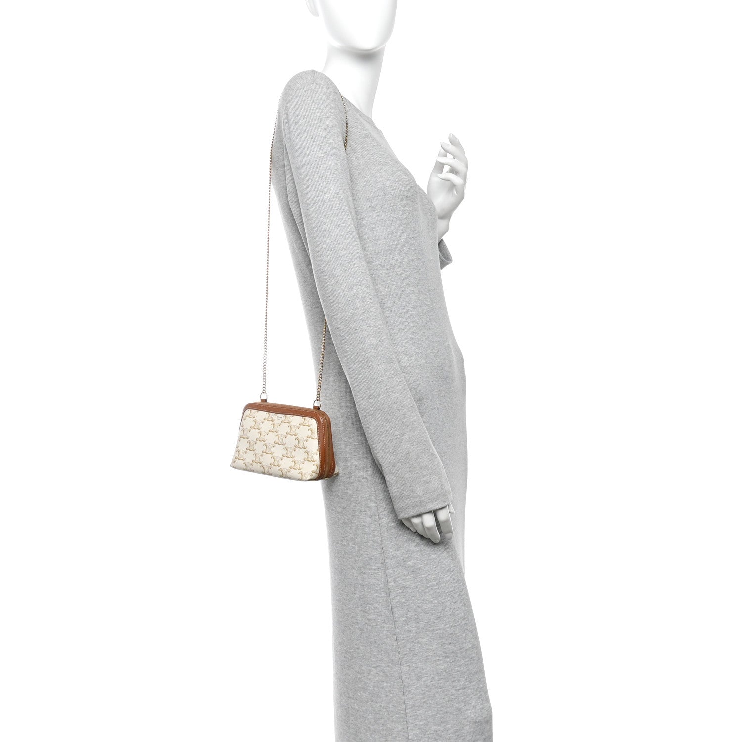Lambskin Triomphe Canvas Clutch With Chain White Tan
