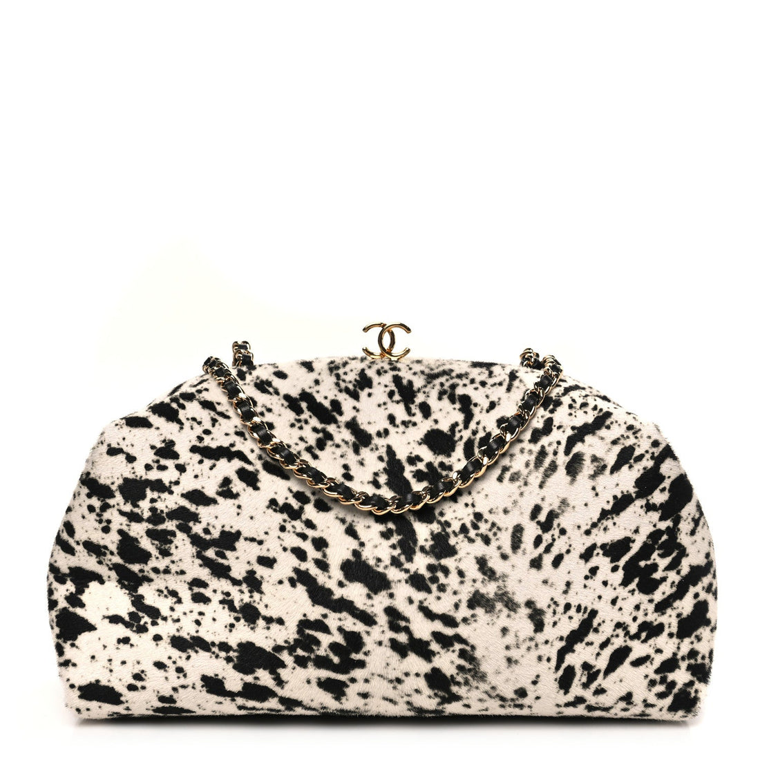 Lambskin Pony Hair Printed Clutch With Chain Black White