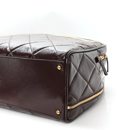 Patent Crumpled Calfskin Quilted Travel Bowling Bag Dark Brown