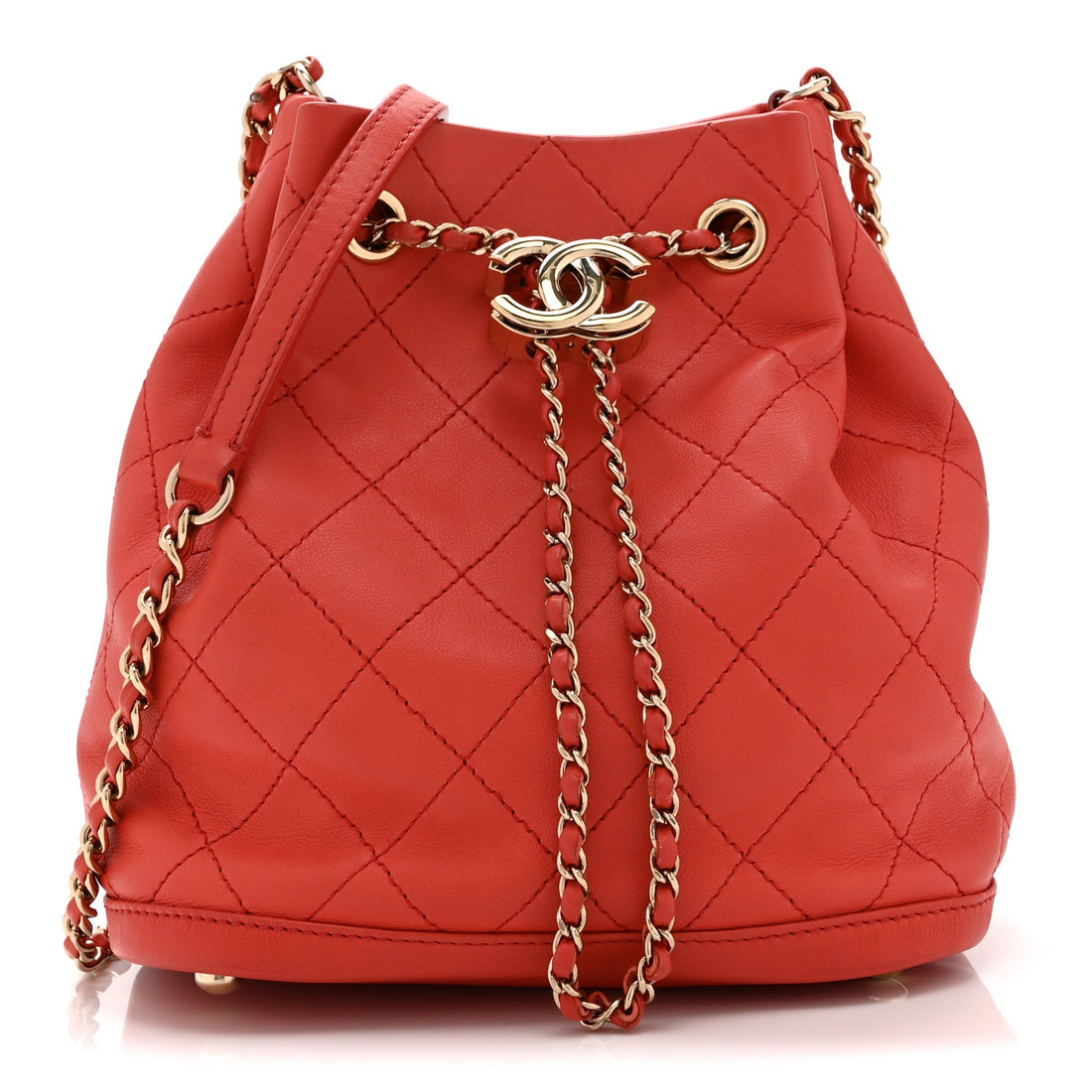 Calfskin Stitched Chain Bucket Bag Coral
