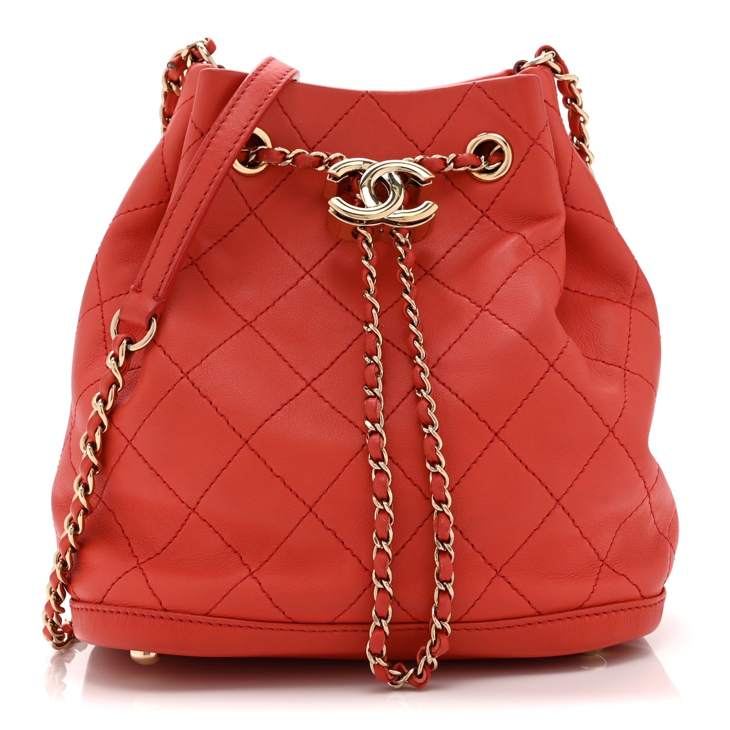 Calfskin Stitched Chain Bucket Bag Coral
