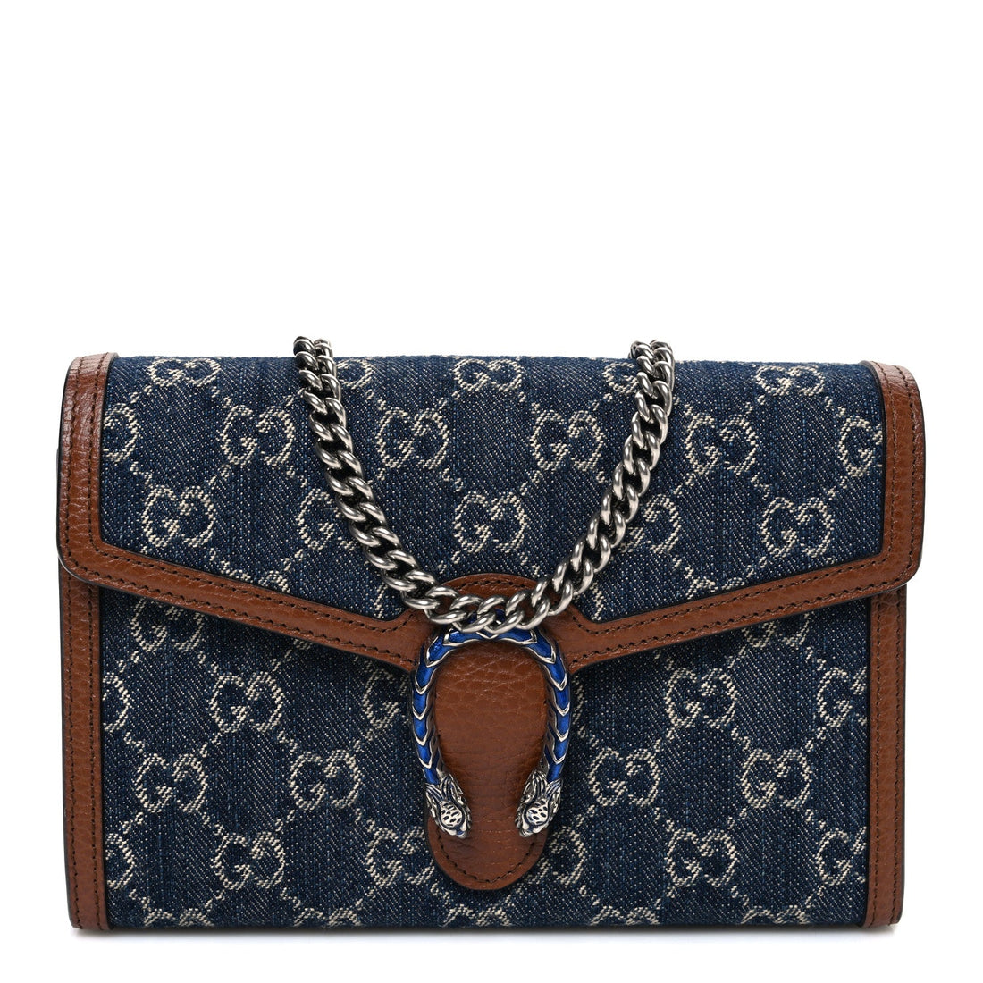 New Denim GG Monogram Dollar Calfskin Enamel Mini Dionysus Chain Wallet Blue Tea Cuir Epilog Electric Blue