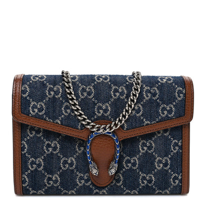 New Denim GG Monogram Dollar Calfskin Enamel Mini Dionysus Chain Wallet Blue Tea Cuir Epilog Electric Blue