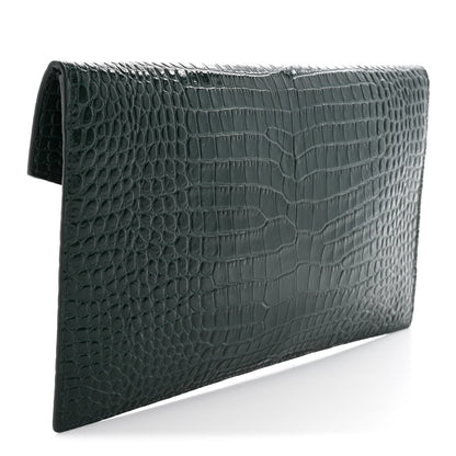 Calfskin Crocodile Embossed Uptown Monogram Clutch Dark Green