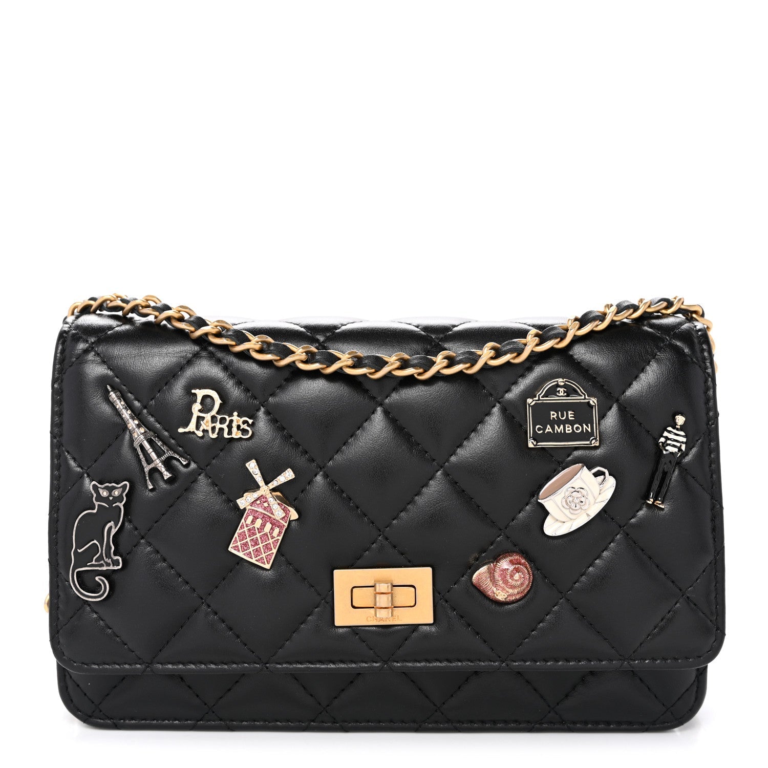 Aged Calfskin Quilted Lucky Charms 2.55 Reissue Wallet On Chain WOC Black