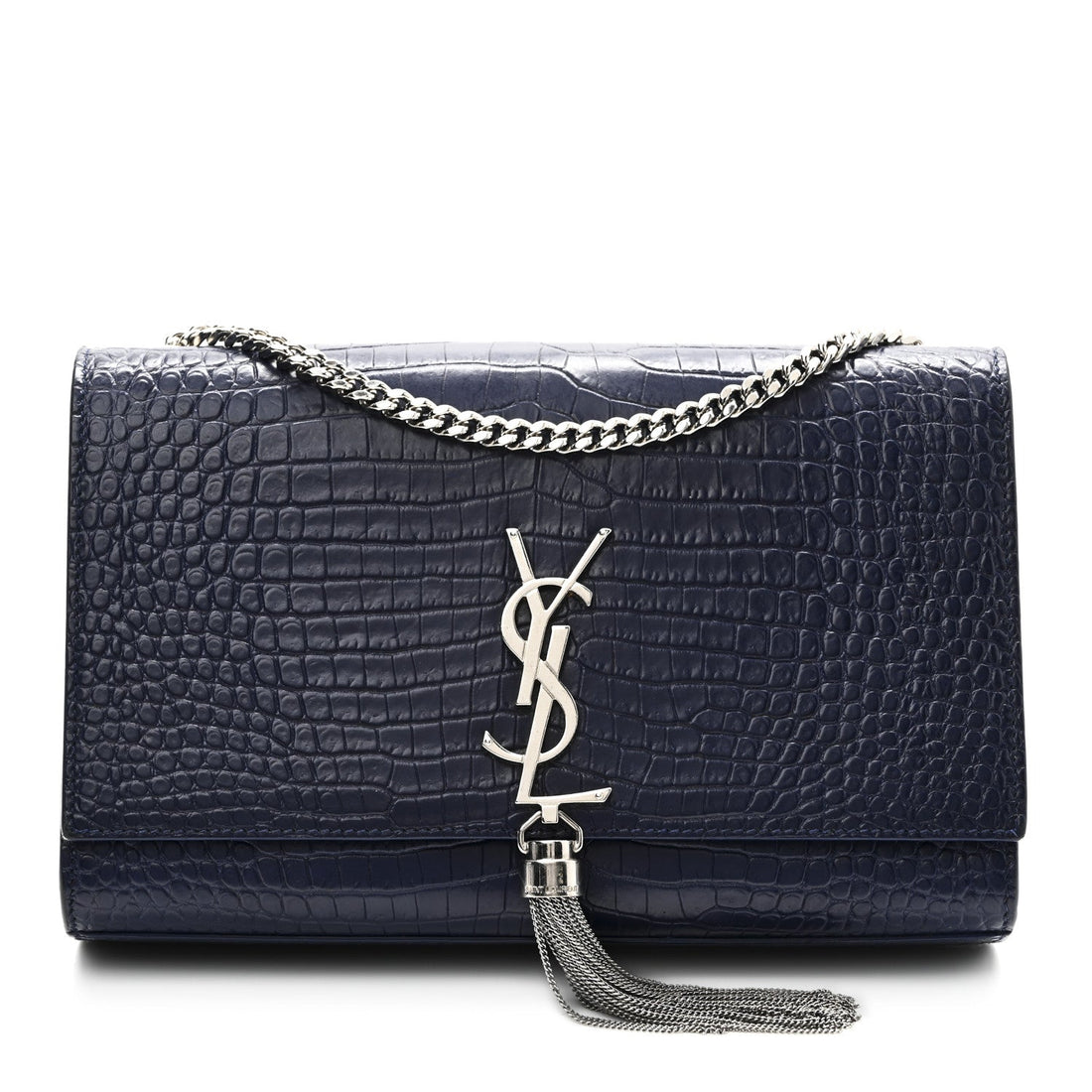 Calfskin Crocodile Embossed Medium Classic Monogram Kate Tassel Satchel Deep Marine