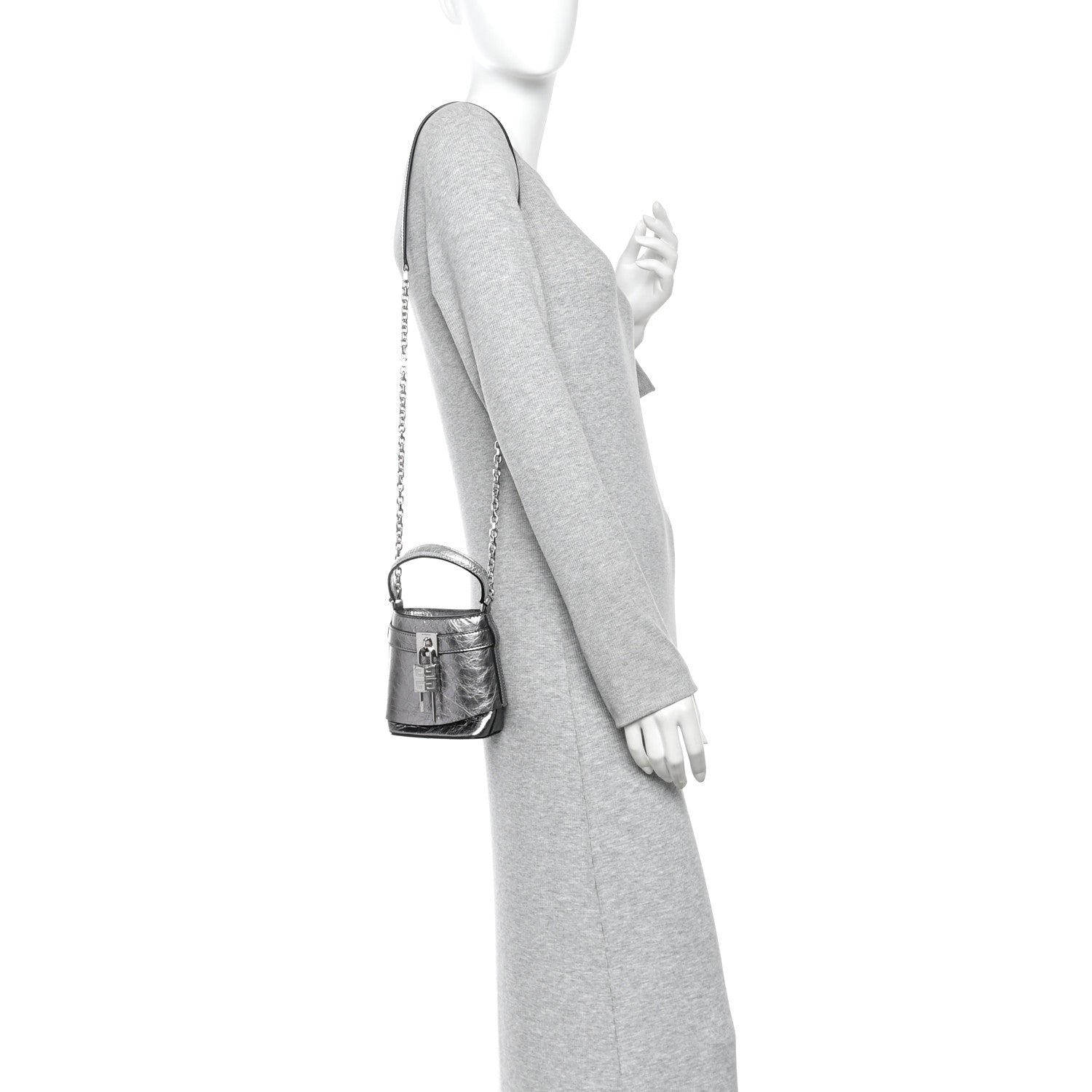 Laminated Lambskin Micro Shark Lock Bucket Bag Silvery Grey
