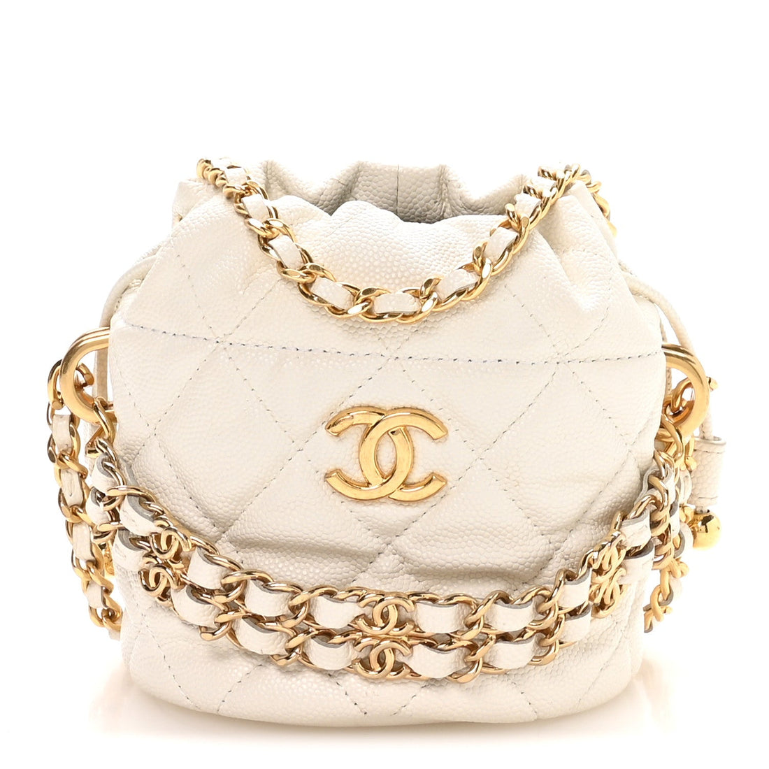 Caviar Quilted Coco First Bucket Clutch With Chain White