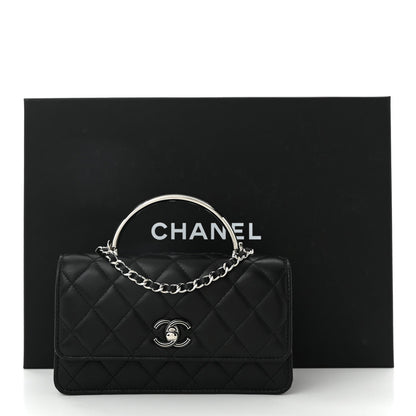 Lambskin Quilted Metal Top Handle Crossbody Flap Black