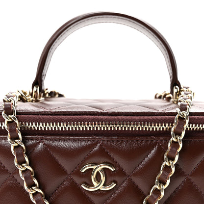Lambskin Quilted Small Top Handle Vanity Case With Chain Dark Brown