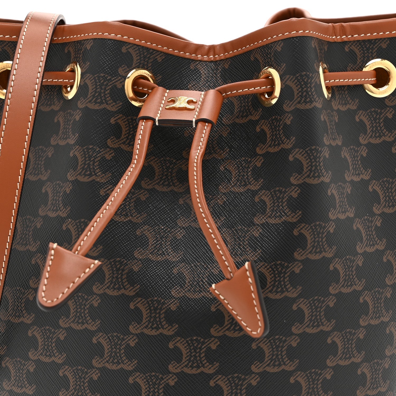Triomphe Canvas Calfskin Clara Drawstring Bucket Bag Tan