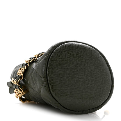 Caviar Quilted Coco First Bucket Clutch With Chain Khaki