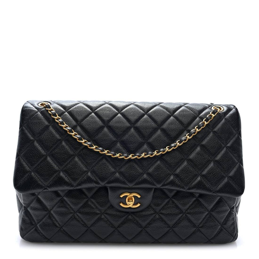 Grained Calfskin Quilted XXL Travel Flap Bag Black