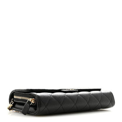 Caviar Quilted Phone Holder Wallet on Removable Chain Black