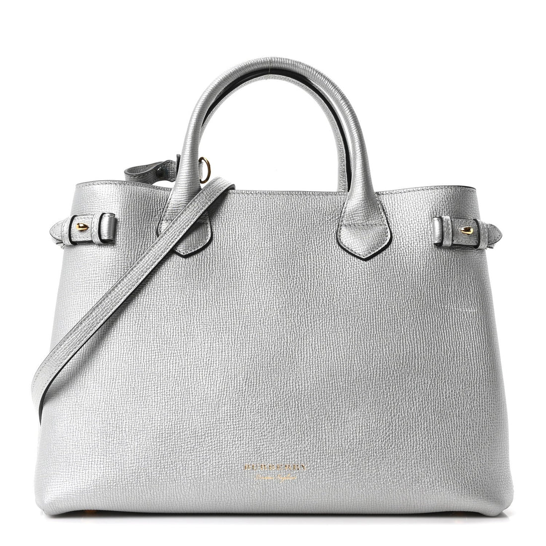 Metallic Grainy Calfskin House Check Medium Banner Tote Silver