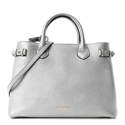 Metallic Grainy Calfskin House Check Medium Banner Tote Silver