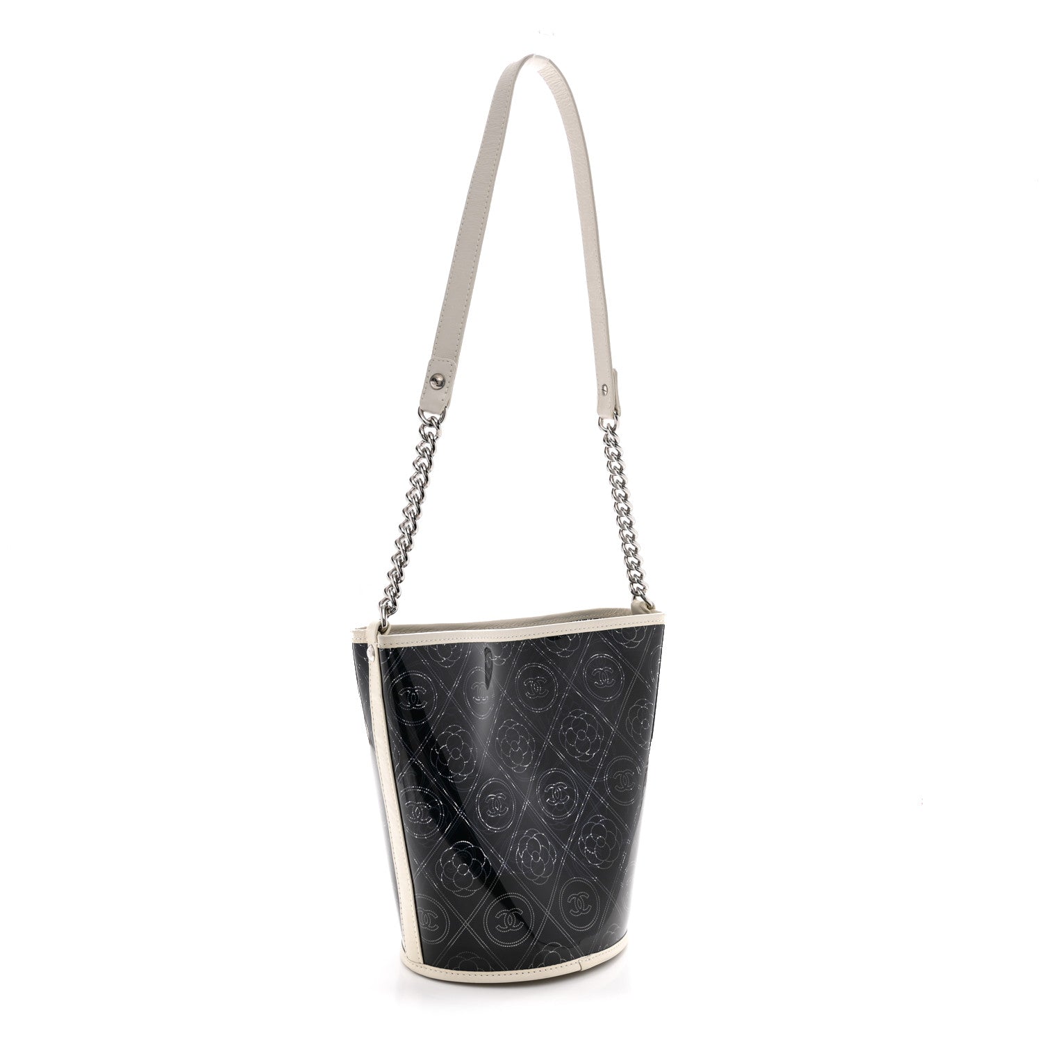 Crumpled Calfskin PVC Camellia Coco Bucket Bag Black White