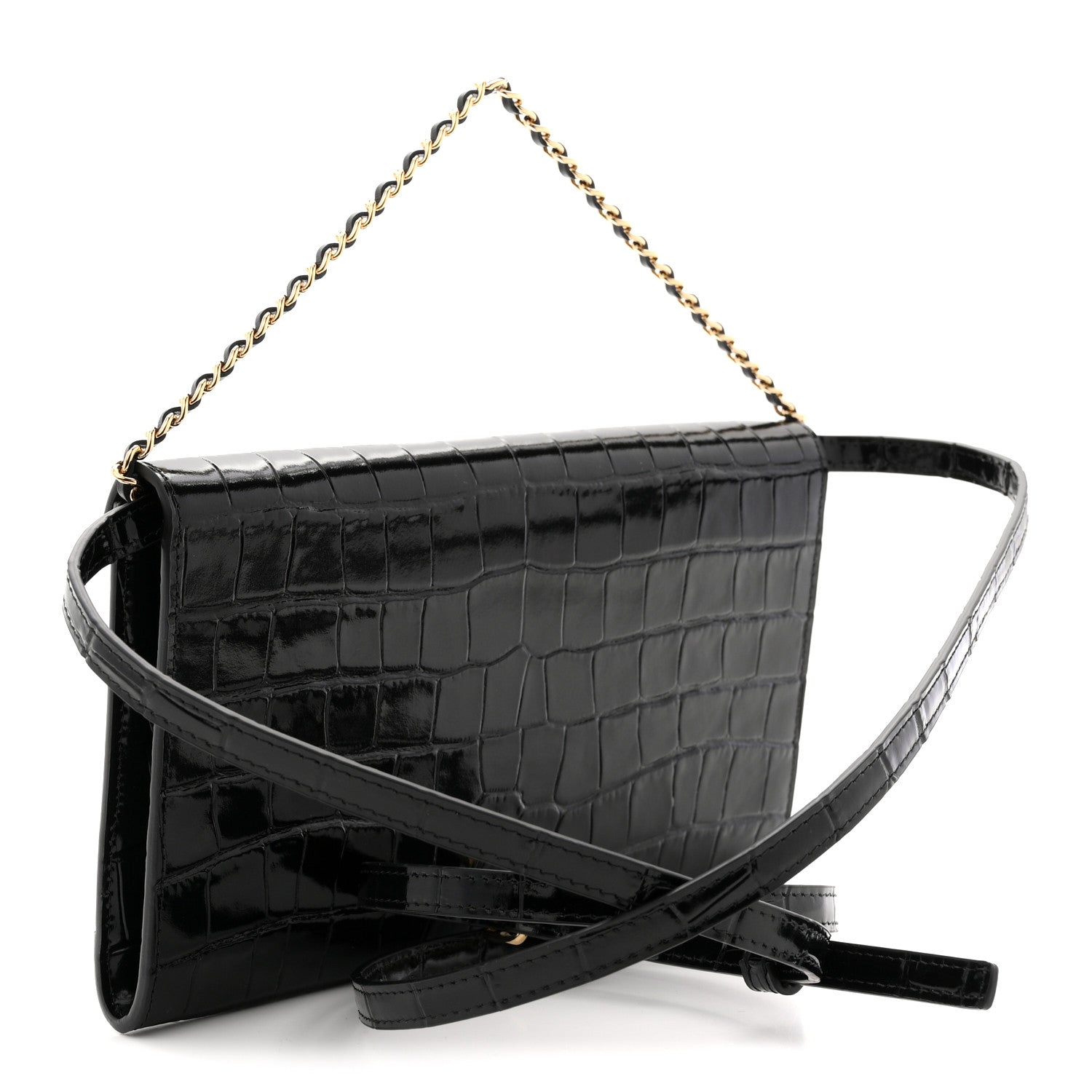 Calfskin Crocodile Embossed Clutch With Chain Black
