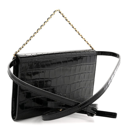 Calfskin Crocodile Embossed Clutch With Chain Black