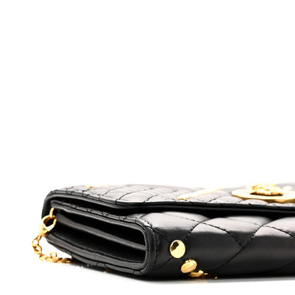 Lambskin Studded Quilted Medusa Wallet on Chain Crossbody Black Gold