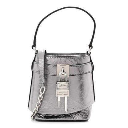 Laminated Lambskin Micro Shark Lock Bucket Bag Silvery Grey