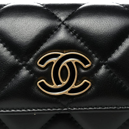 Lambskin Enamel Quilted Pending CC Flap Belt Bag Black