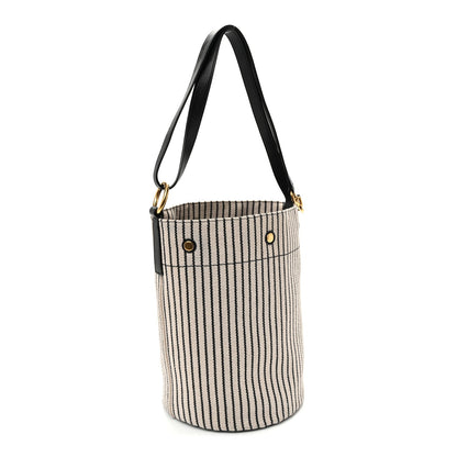 Linen Calfskin Striped Rive Gauche Bucket Bag Grey Cream Black