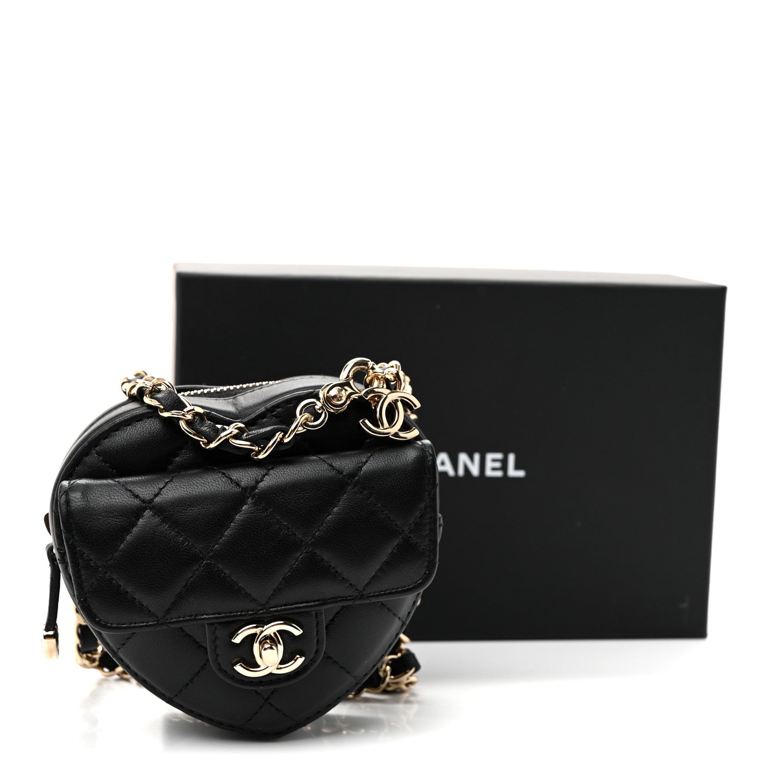 Lambskin Quilted CC In Love Heart Waist Belt Bag With Chain Black