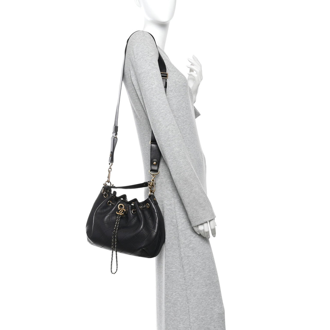 Calfskin Stitched Small Paris Rome Drawstring CC Bag Black