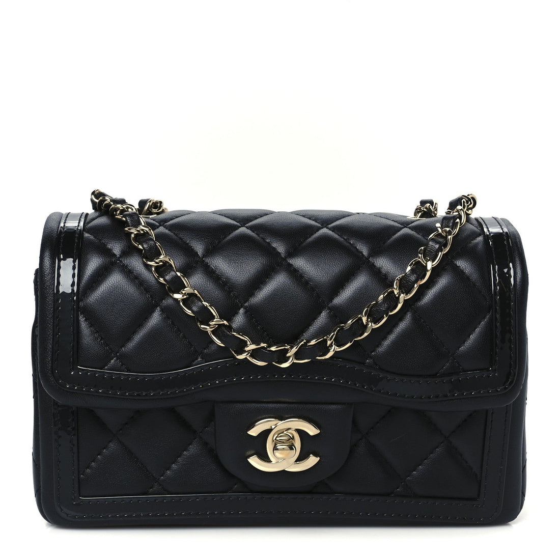 Shiny Lambskin Quilted Half Mini Flap Black