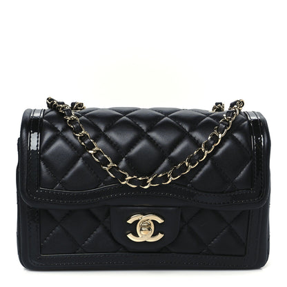Shiny Lambskin Quilted Half Mini Flap Black