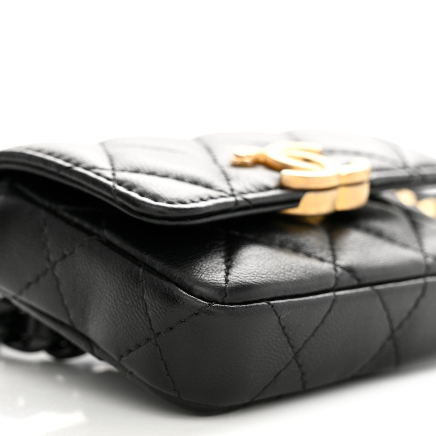 Lambskin Lacquered Metal Quilted Flap Chain Belt Bag Black