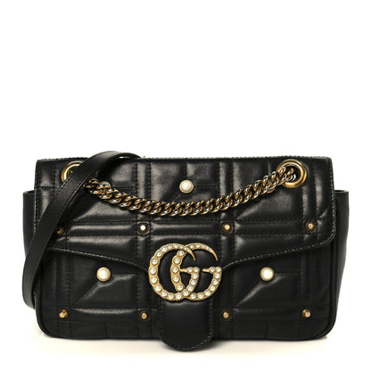 Calfskin Matelasse Studded Small Pearly GG Marmont Shoulder Bag Black