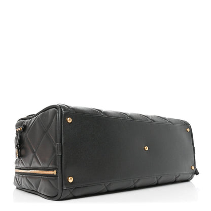 Shiny Grained Calfskin Quilted Travel Bowling Bag Black