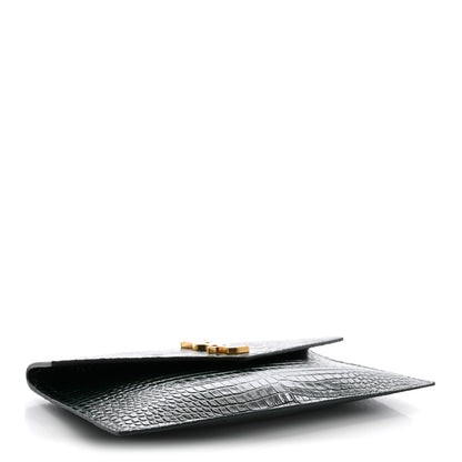 Calfskin Crocodile Embossed Uptown Monogram Clutch Dark Green