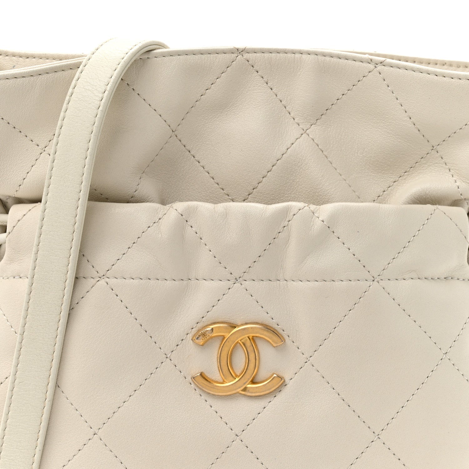 Calfskin Quilted Drawstring Bucket Bag White