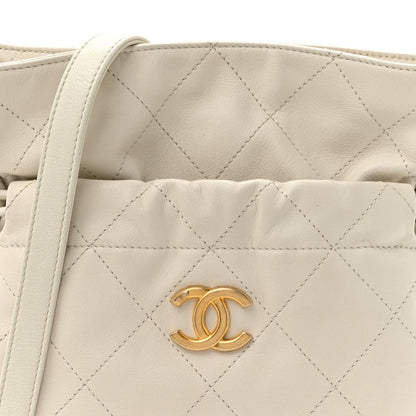 Calfskin Quilted Drawstring Bucket Bag White