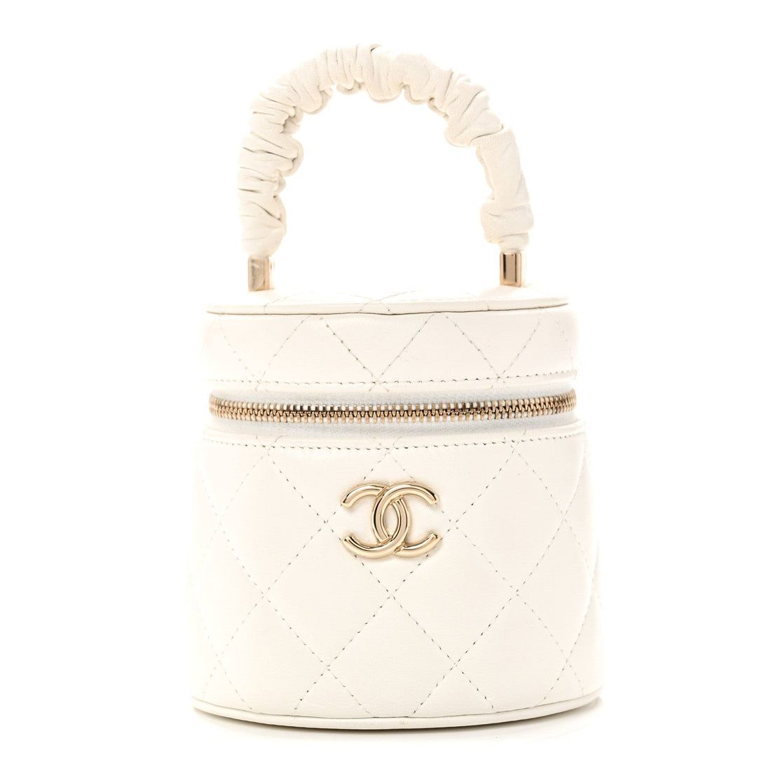 Lambskin Quilted Ruched Handle Vanity Case White