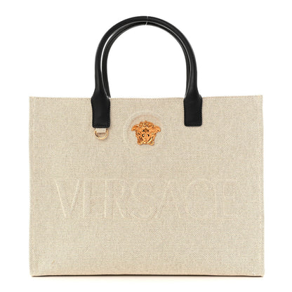 Canvas Calfskin Large La Medusa Tote Bag Beige