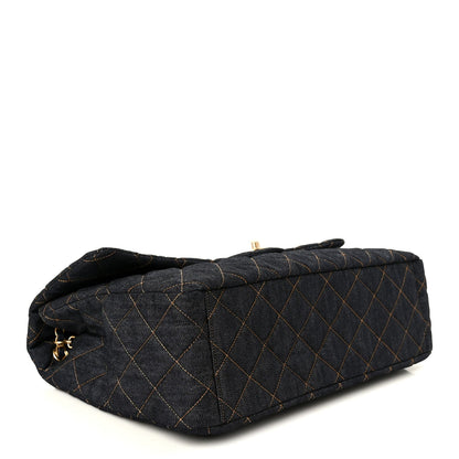 Denim Quilted XXL Travel Flap Bag Dark Blue Orange
